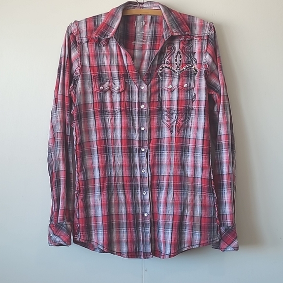 Wrangler Small Women's red black grey western plaid shirt lace frayed seams - Picture 1 of 8